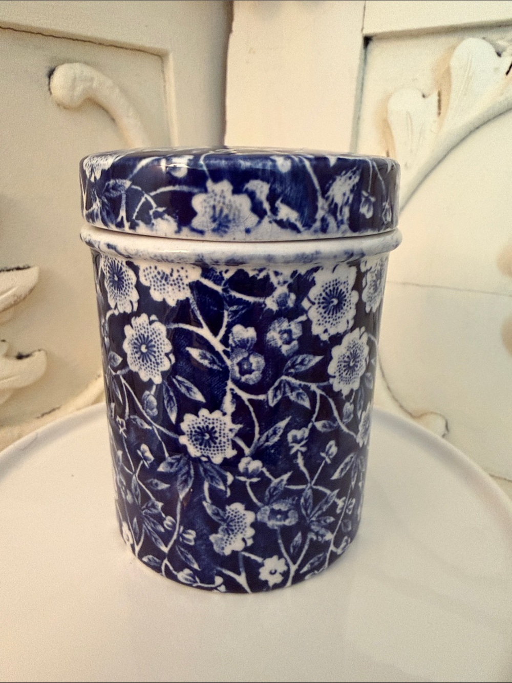 Calico 3 3/4 in. Blue and White Ironstone  Canister 6 Oz. Made in England